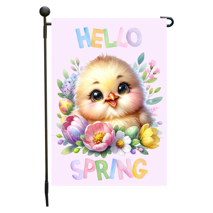 Customized Hello Spring Little Chick Purple Garden Flag, Personalized Spring Flag, Custom Cute Baby Animal Pet Portrait Yard Art Outdoor and Garden Decor