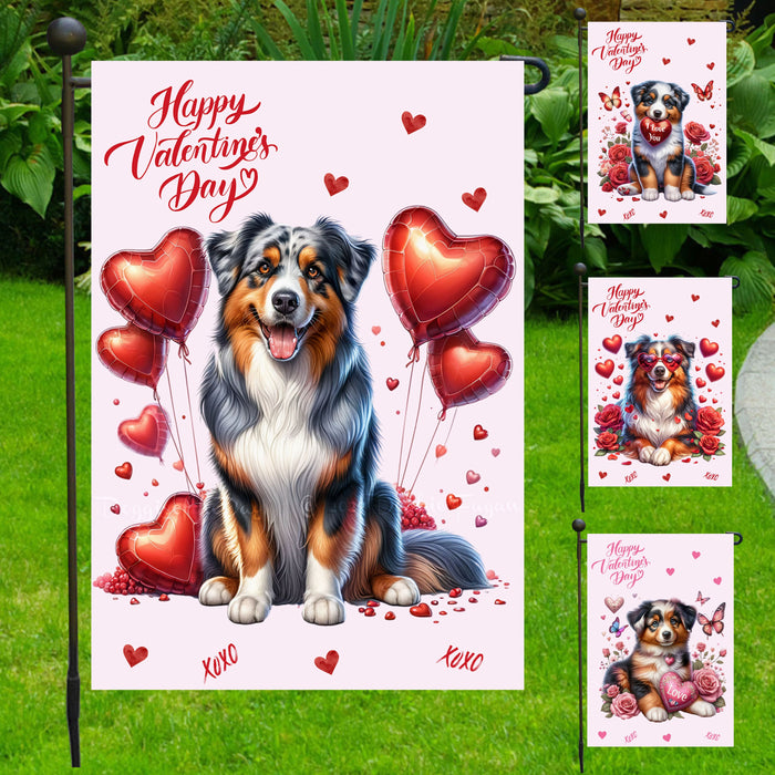 Australian Shepherd Dogs Valentines Day Decorations for Garden Flags - Double Sided Yard Lawn Spring Summer Decorative Gift - Outdoor Decor 12 1/2"w x 18"h