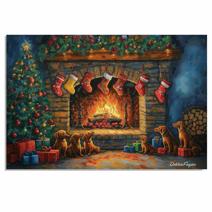 Dachshund Christmas Canvas - "Doxie Fireside Festivities" - Wiener by the Fireplace on Christmas Eve on Ready to Hang 1.5" Thick Canvas Wrap, Floating Framed Canvas, Flat Rolled Canvas