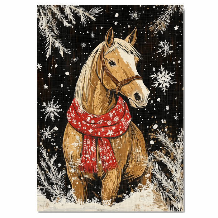 "Snowy Elegance Horse" - Horse in Red Scarf Amidst Winter Snow on Ready to Hang 1.5" Thick Canvas Wrap, Floating Framed Canvas, Flat Rolled Canvas