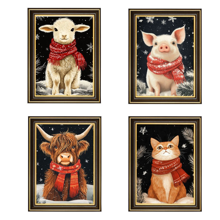 4 Prints Animlas with Red Scarf Sitting in Winter Snow, Christmas Holiday Painting on Flat Rolled Canvas, Xmas Decorations for Living Room