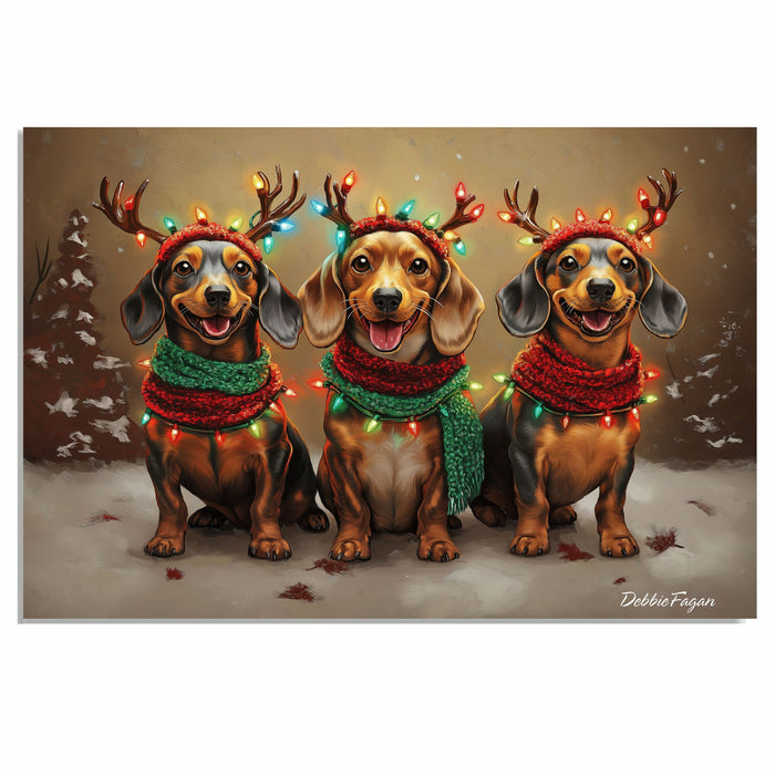 Dachshund Christmas Canvas - "Doxie Delight" - Festive Lighted Weiner Dogs in Winter Snow on Ready to Hang 1.5" Thick Canvas Wrap, Floating Framed Canvas, Flat Rolled Canvas