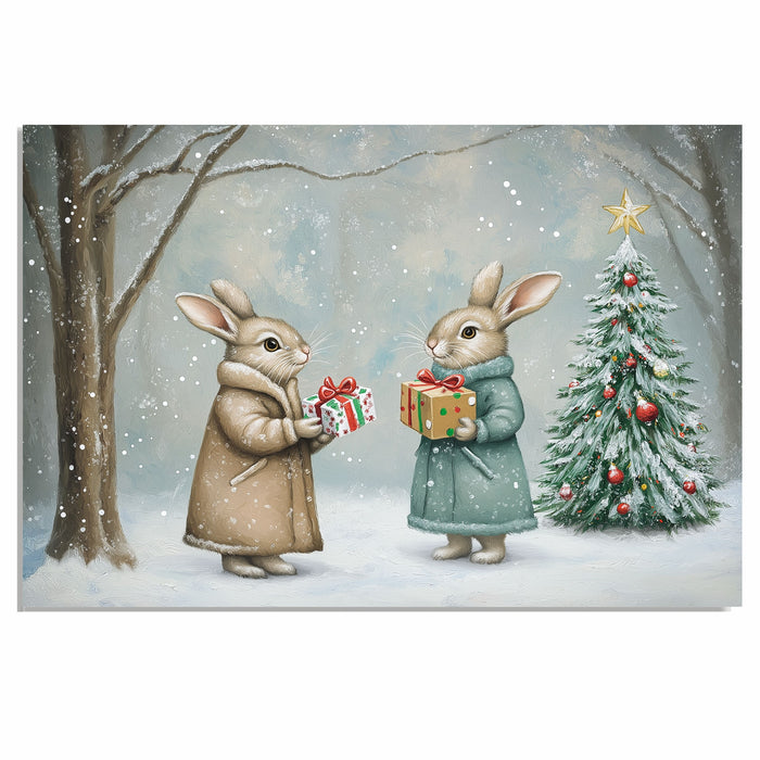 "Winter Wonderland: Gift-Giving Bunnies" Ð Cozy Rabbits in a Snowy Forest Scene on Ready to Hang 1.5" Thick Canvas Wrap, Floating Framed Canvas, Flat Rolled Canvas