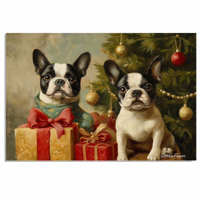 Christmas Canvas  - "Frenchie Festive Cheer" - French Bulldogs with Vintage Christmas Tree and Presents on Ready to Hang 1.5" Thick Canvas Wrap, Floating Framed Canvas, Flat Rolled Canvas