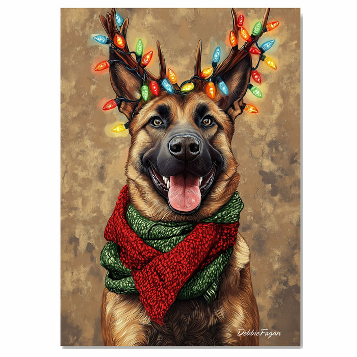 Rustic Cheer' - Belgian Malinois Dog with Christmas Lights & Cozy Scarf on Rustic Background, Ready to Hang 1.5" Thick Canvas Wrap, Floating Framed Canvas, Flat Rolled Canvas