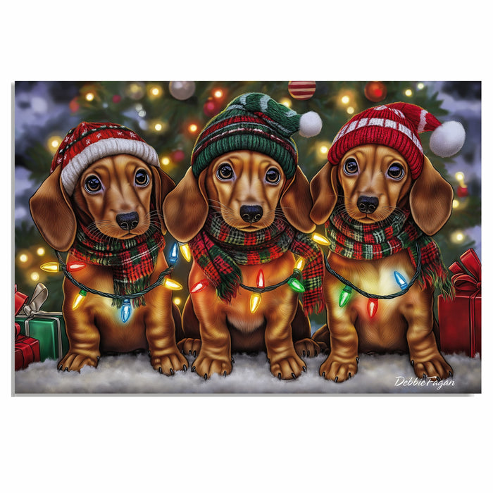 Christmas Canvas - "Dachshund Wonders" - Winter Pups Adorned in Cozy Outfits Wrapped in Festive Christmas Lights on Ready to Hang 1.5" Thick Canvas Wrap, Floating Framed Canvas, Flat Rolled Canvas