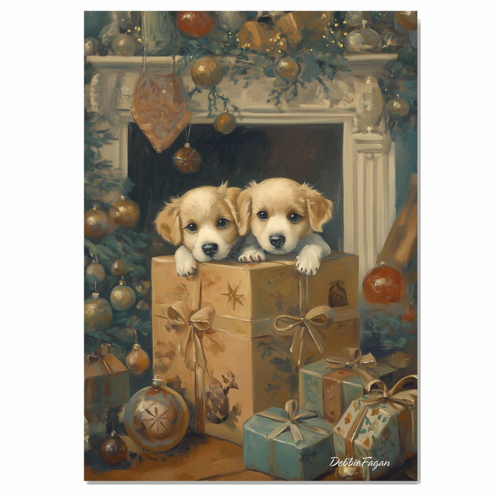 "Under the Tree Joy" - Two Adorable Puppies Above a Big Gift Under the Christmas Tree, Ready to Hang 1.5" Thick Canvas Wrap, Floating Framed Canvas, Flat Rolled Canvas