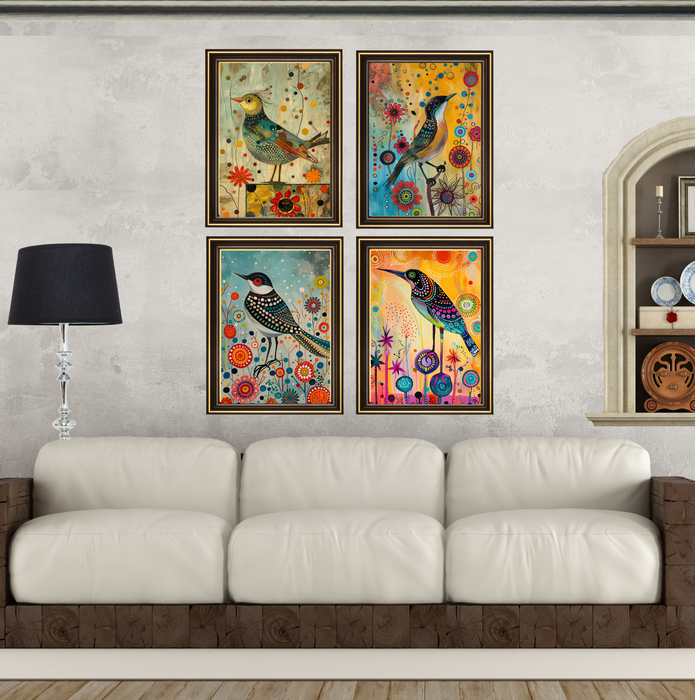 4 Prints Abstract Bird Painting on Flat Rolled Canvas, Vibrant Wall Art, Colorful Gallery Wall Set, Eclectic Art Print, Modern Home Decor