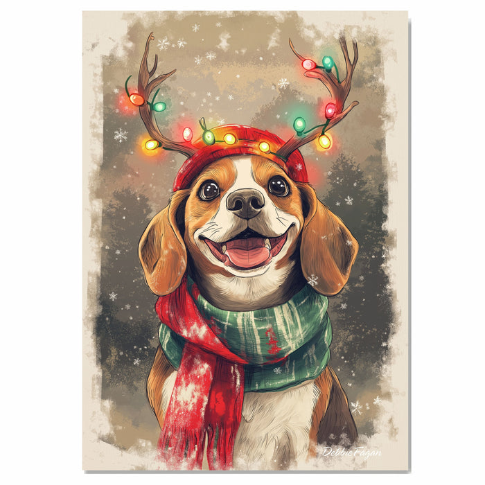 Beagle Winter Wonderland - 'Forest Festivities' - Beagle Dog with Christmas Lights & Scarf in Snowy Forest, Ready to Hang 1.5" Thick Canvas Wrap, Floating Framed Canvas, Flat Rolled Canvas