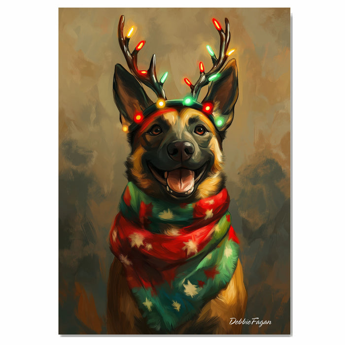 Rustic Antlers' - Belgian Malinois Dog with Lighted Antlers & Festive Scarf on Rustic Canvas, Ready to Hang 1.5" Thick Canvas Wrap, Floating Framed Canvas, Flat Rolled Canvas