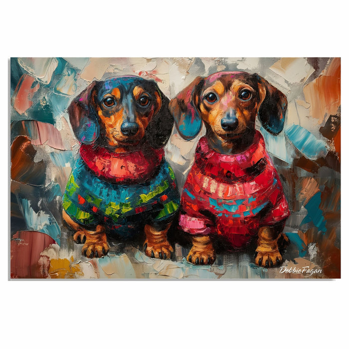 Dachshund Christmas Canvas - "Wiener Doxie Duo Charm" - Cozy Sweater Pair on Abstract Oil-Style Background on Ready to Hang 1.5" Thick Canvas Wrap, Floating Framed Canvas, Flat Rolled Canvas