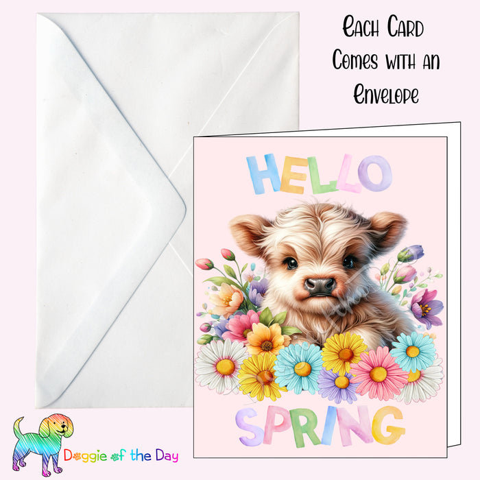 Hello Spring Little Bull Calf Pink Greeting Card with Envelope, Customized Fun and Cute Animal Portrait Stationery, 5x7"