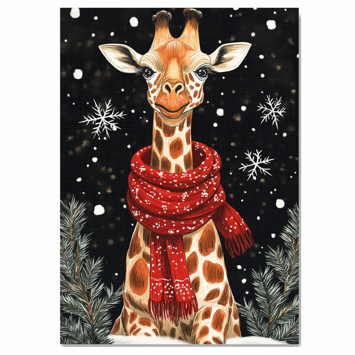 "Snowy Grace Giraffe" - Giraffe in Red Scarf Standing in Snow on Ready to Hang 1.5" Thick Canvas Wrap, Floating Framed Canvas, Flat Rolled Canvas