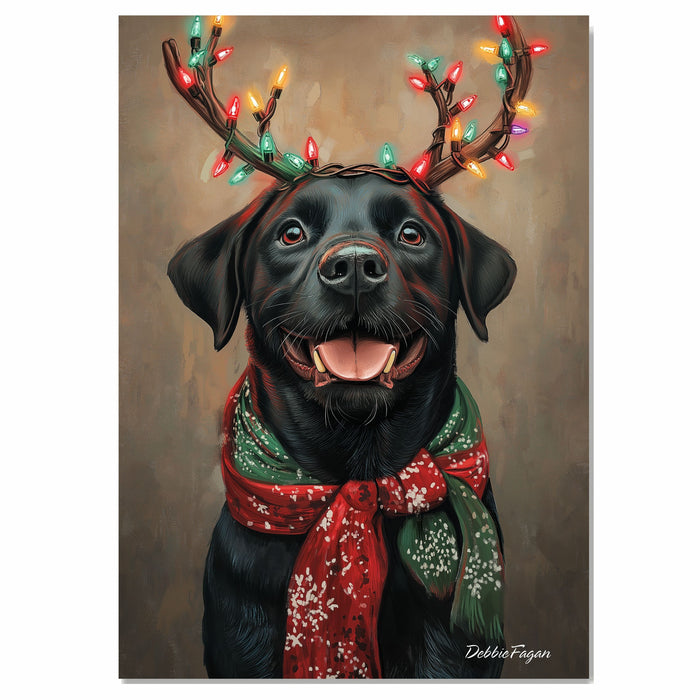 "Rustic Antlers" - Black Labrador Dog with Christmas Lights & Cozy Scarf on Rustic Background, Ready to Hang 1.5" Thick Canvas Wrap, Floating Framed Canvas, Flat Rolled Canvas