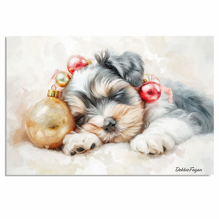 Schnauzer Christmas Canvas - "Holiday Slumber" - Adorable Puppy Snuggled Beside Festive Ornament on Ready to Hang 1.5" Thick Canvas Wrap, Floating Framed Canvas, Flat Rolled Canvas