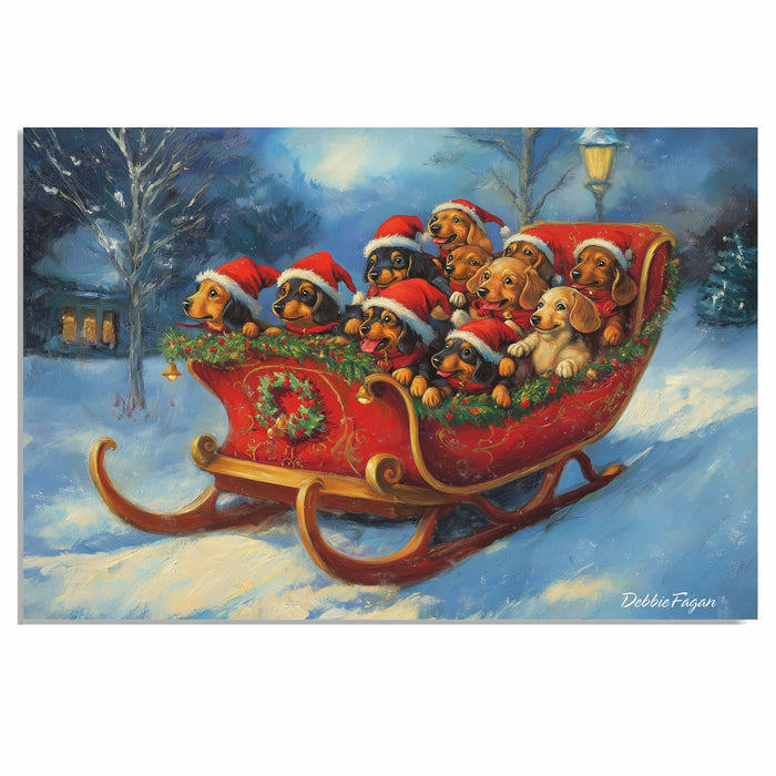 Doxie Christmas Canvas  - "Dashing Through the Snow" - Dachshund Puppies in Santa Hats Sleighing Adventure on Ready to Hang 1.5" Thick Canvas Wrap, Floating Framed Canvas, Flat Rolled Canvas