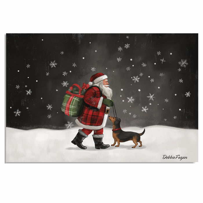 Doxie Christmas Canvas  - "Snowy Adventure" - Dachshund and Santa in The Winter Snow on Ready to Hang 1.5" Thick Canvas Wrap, Floating Framed Canvas, Flat Rolled Canvas