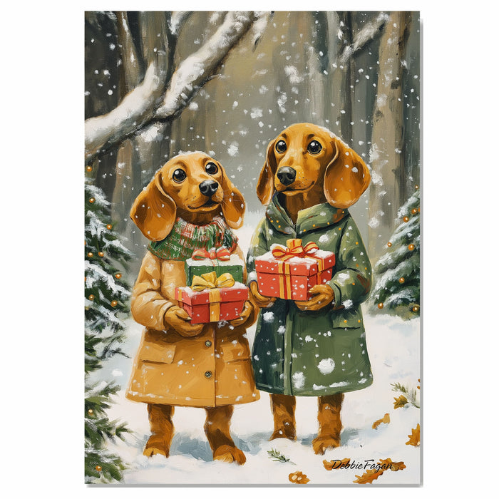 "Gift of Joy" - Dachshund Dogs in Cozy Winter Coats Holding Gifts in Snowy Forest, Ready to Hang 1.5" Thick Canvas Wrap, Floating Framed Canvas, Flat Rolled Canvas