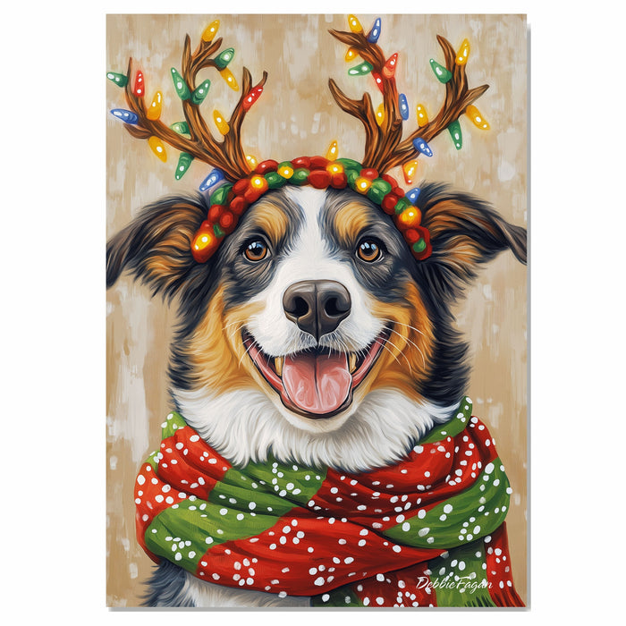 Holiday Spirit - 'Festive Flicker' - Australian Shepherd Dog with Lighted Antlers & Cozy Scarf on Rustic Background, Ready to Hang 1.5" Thick Canvas Wrap, Floating Framed Canvas, Flat Rolled Canvas