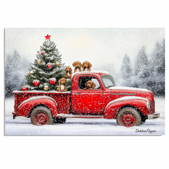 Vizsla Christmas Canvas - "Holiday Journey with Vizslas" - Puppies in a Festive Red Truck Canvas on Ready to Hang 1.5" Thick Canvas Wrap, Floating Framed Canvas, Flat Rolled Canvas