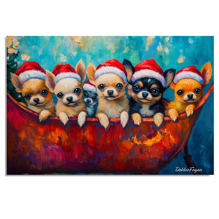 Dog Christmas Canvas  - ÒChihuahua CheerÓ - Adorable Puppies in Santa Hats on a Festive Sleigh on Ready to Hang 1.5" Thick Canvas Wrap, Floating Framed Canvas, Flat Rolled Canvas