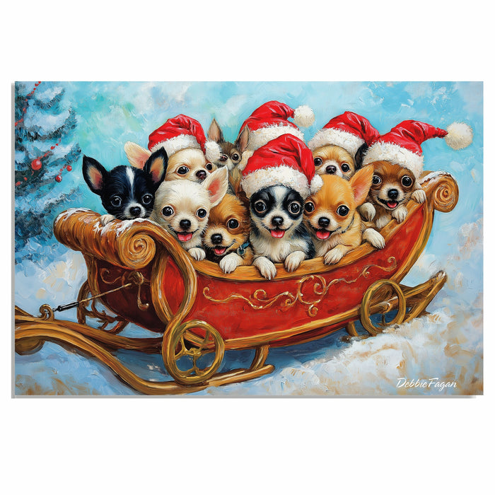 Dog Christmas Canvas  - "Sleighing the Season" - Adorable Puppies in Santa Hats on a Festive Sleigh in Winter Snow on Ready to Hang 1.5" Thick Canvas Wrap, Floating Framed Canvas, Flat Rolled Canvas