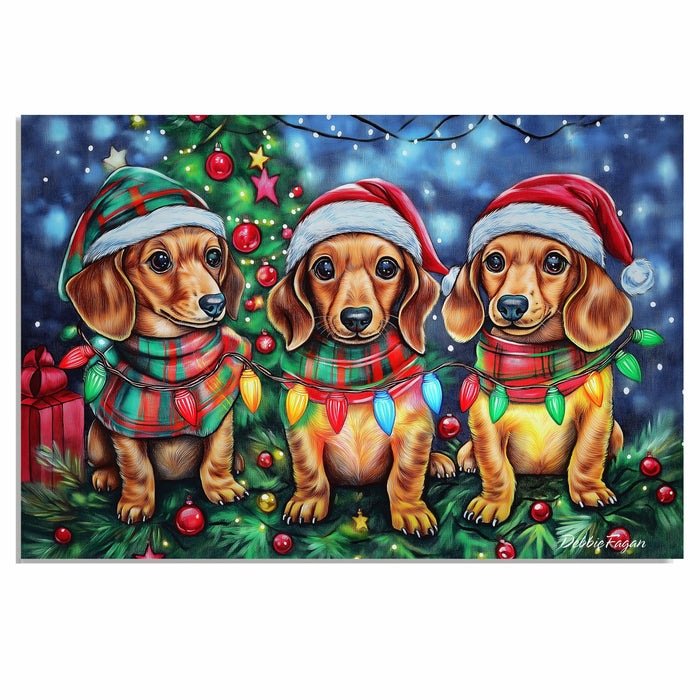 Doxie Christmas Canvas - "Wiener Wonder" - Festive Pups in Cozy Winter Wear Dressed with Twinkling Christmas Lights on Ready to Hang 1.5" Thick Canvas Wrap, Floating Framed Canvas, Flat Rolled Canvas