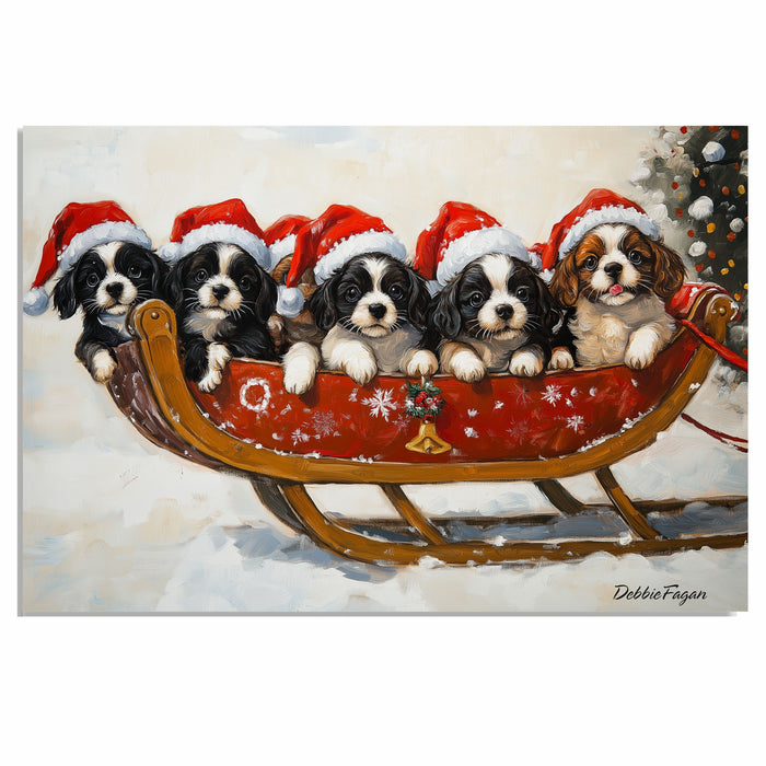 Dog Christmas Canvas  - "Santa's Little Helpers" - Adorable Puppies in Santa Hats on a Sleigh in a Winter Wonderland on Ready to Hang 1.5" Thick Canvas Wrap, Floating Framed Canvas, Flat Rolled Canvas