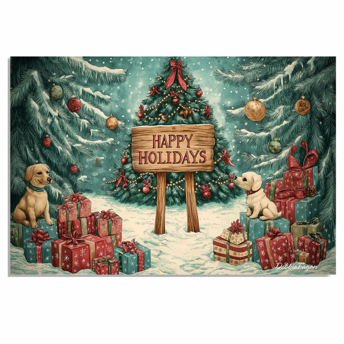 Christmas Canvas - "Winter Wonderland" - Adorable Puppies Playing in a Snowy Forest with Christmas Tree and Gifts on Ready to Hang 1.5" Thick Canvas Wrap, Floating Framed Canvas, Flat Rolled Canvas