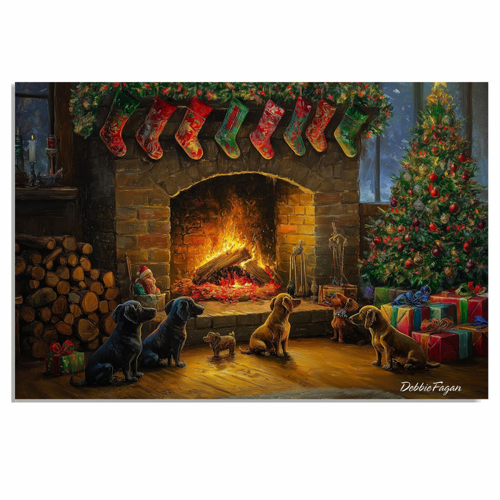 Dachshund Christmas Canvas - "Festive Fireside Friends" - Cozy Wiener Dogs by the Christmas Fireplace on Ready to Hang 1.5" Thick Canvas Wrap, Floating Framed Canvas, Flat Rolled Canvas