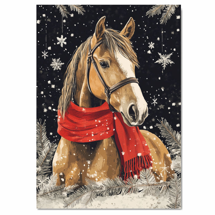 "Frosted Grace Horse" - Horse in Red Scarf Standing in Snowy Winter Scene on Ready to Hang 1.5" Thick Canvas Wrap, Floating Framed Canvas, Flat Rolled Canvas