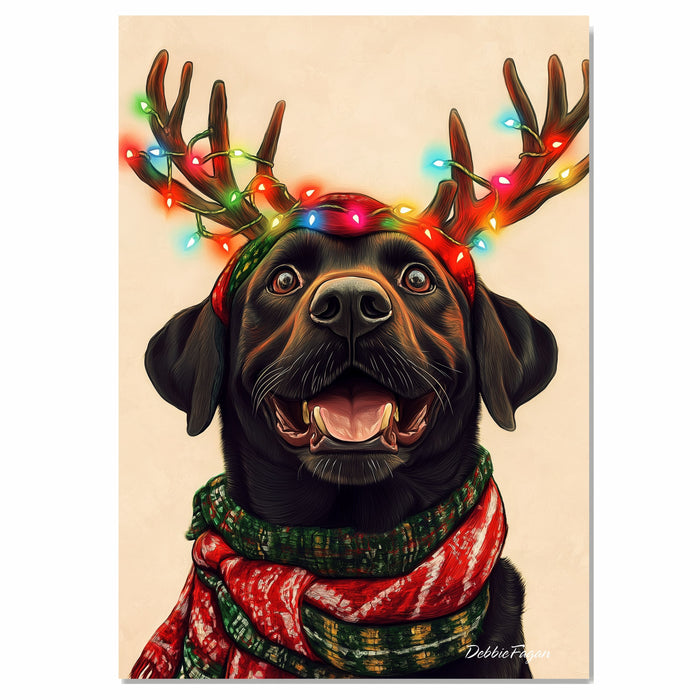 "Classic Cheer" - Black Labrador Dog with Lighted Antlers & Festive Scarf on Plain Beige Canvas, Ready to Hang 1.5" Thick Canvas Wrap, Floating Framed Canvas, Flat Rolled Canvas