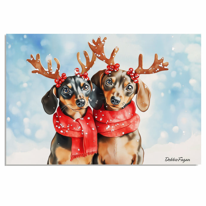 Wiener Christmas Canvas  - "Winter Pawsitivity" - Cute Dachshund with Antlers in a Snowy Scene on Ready to Hang 1.5" Thick Canvas Wrap, Floating Framed Canvas, Flat Rolled Canvas