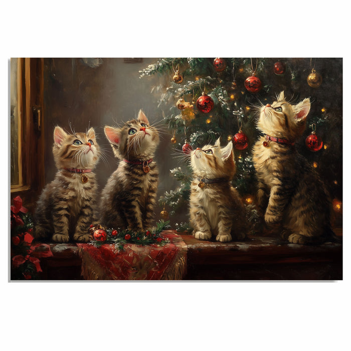 "Christmas Magic: Four Adorable Kittens Under the Tree" Ð Retro Holiday Painting on Ready to Hang 1.5" Thick Canvas Wrap, Floating Framed Canvas, Flat Rolled Canvas