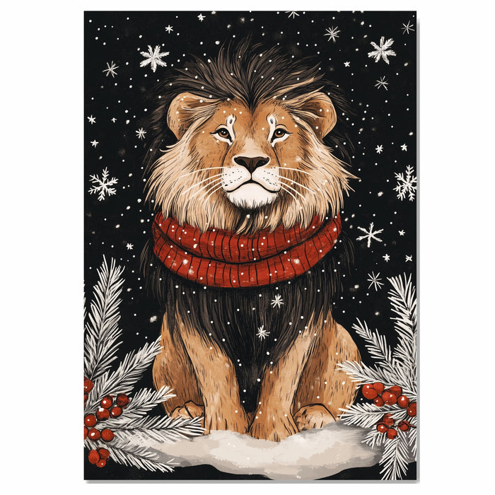 "Winter Majesty Lion" - Lion in Red Scarf Resting in Snowy Landscape on Ready to Hang 1.5" Thick Canvas Wrap, Floating Framed Canvas, Flat Rolled Canvas