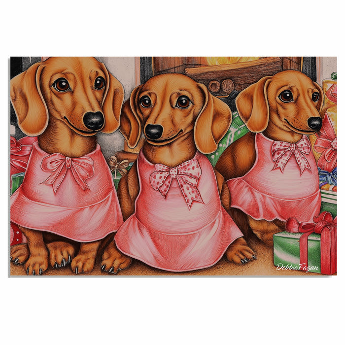 Dog Christmas Canvas - "Dachshund Delight" - Vintage-Inspired Art with Festive Presents on Ready to Hang 1.5" Thick Canvas Wrap, Floating Framed Canvas, Flat Rolled Canvas