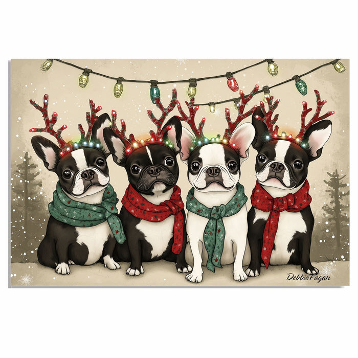 French Bulldogs Christmas Canvas - "Frenchie Bliss" - Wearing Colorful Bulb Reindeer Antlers on Snowy Background on Ready to Hang 1.5" Thick Canvas Wrap, Floating Framed Canvas, Flat Rolled Canvas