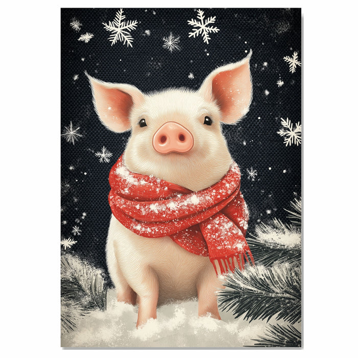 "Winter Cuddle Pig" - Pig in Red Scarf Cozy in Snow on Ready to Hang 1.5" Thick Canvas Wrap, Floating Framed Canvas, Flat Rolled Canvas