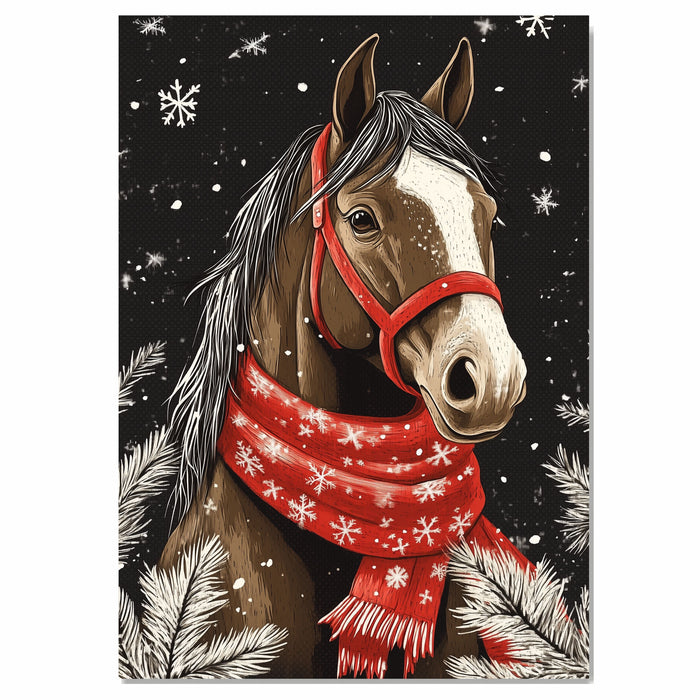 "Winter Majesty Horse" - Horse in Red Scarf Standing in Snow on Ready to Hang 1.5" Thick Canvas Wrap, Floating Framed Canvas, Flat Rolled Canvas