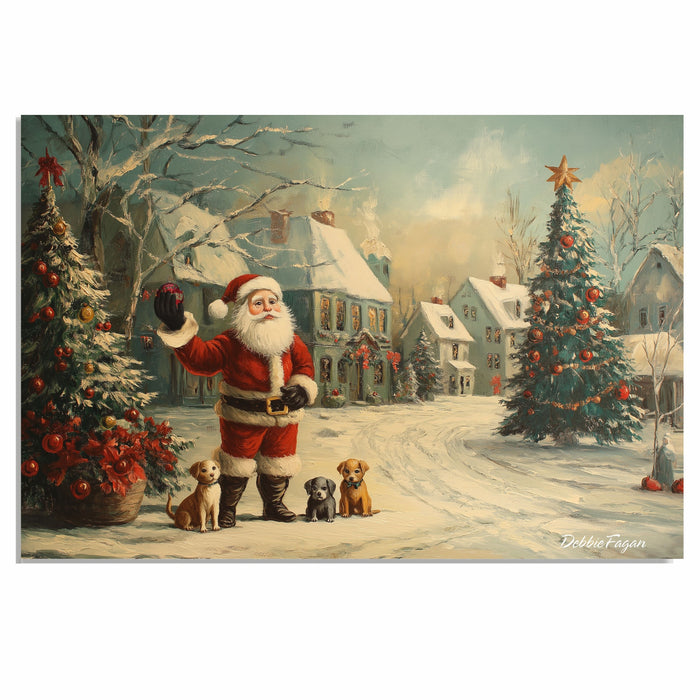 "Santa's Joyful Pups" - Heartwarming Scene of Santa with Adorable Puppies in a Festive Christmas Village on Ready to Hang 1.5" Thick Canvas Wrap, Floating Framed Canvas, Flat Rolled Canvas