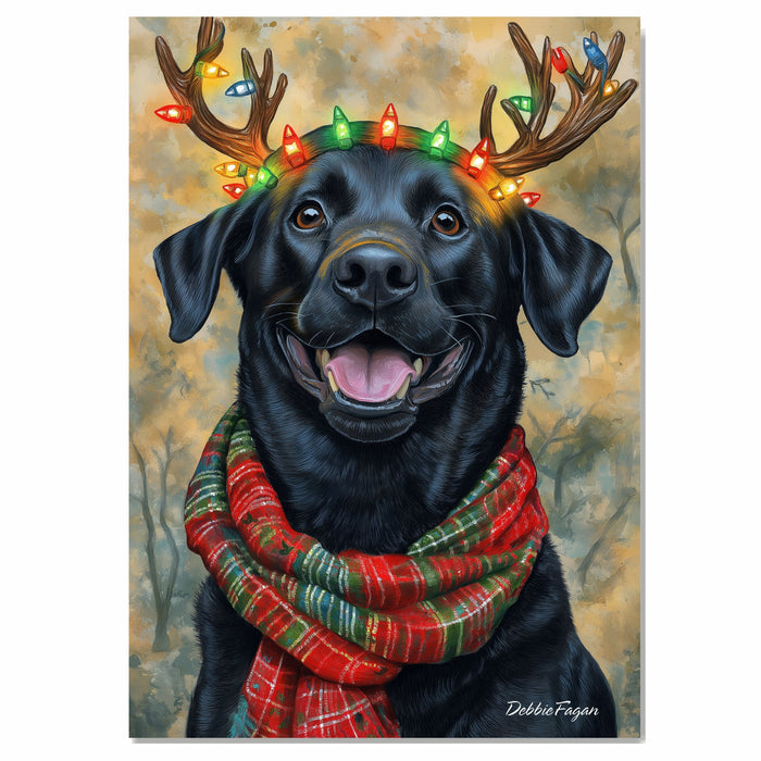 Forest Glow' - Black Labrador Dog with Lighted Antlers & Holiday Scarf in Snowy Forest, Ready to Hang 1.5" Thick Canvas Wrap, Floating Framed Canvas, Flat Rolled Canvas