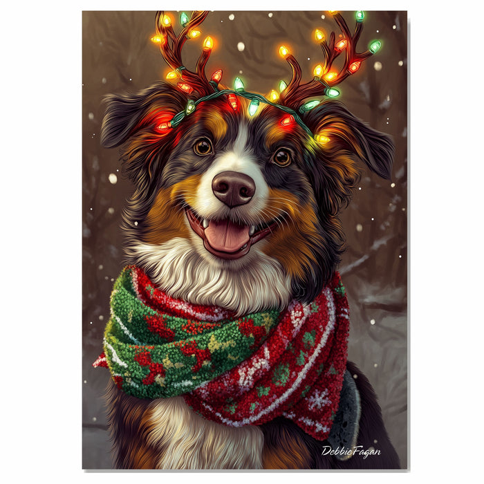 Forest Glow' - Australian Shepherd with Lighted Antlers & Festive Scarf in Snowy Forest Scene, Ready to Hang 1.5" Thick Canvas Wrap, Floating Framed Canvas, Flat Rolled Canvas