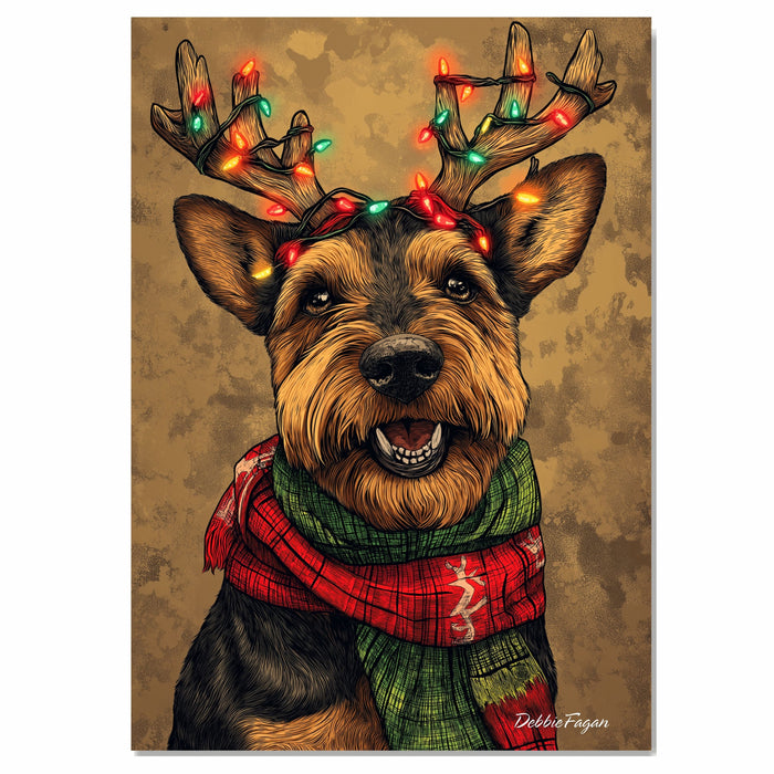 Airedale Holiday Cheer - 'Festive Fuzz' - Airedale Dog with Lit Antler Headband & Cozy Scarf on Rustic Background, Ready to Hang 1.5" Thick Canvas Wrap, Floating Framed Canvas, Flat Rolled Canvas