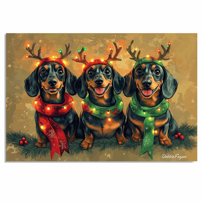 Dachshund Dogs Wrapped in Christmas String Lights on 1.5" Thick Canvas Wrap, Floating Framed Canvas, Flat Rolled Canvas, Premium Quality Ready to Hang Room Decor Wall Art