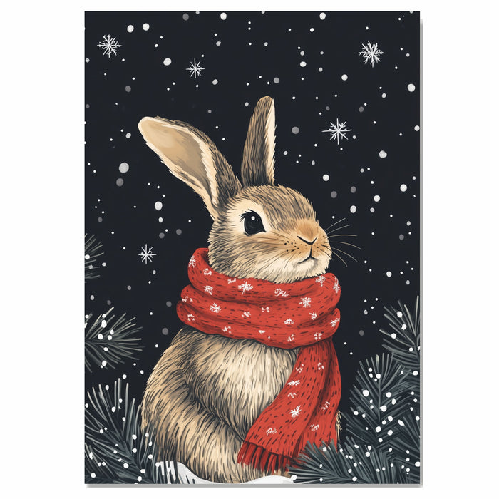 "Winter Wonderland Bunny" - Bunny in Red Scarf Sitting in Snow on Ready to Hang 1.5" Thick Canvas Wrap, Floating Framed Canvas, Flat Rolled Canvas