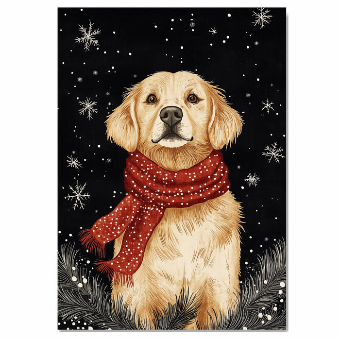 "Golden Winter Joy" - Golden Retriever in Red Scarf Sitting in Snow on Ready to Hang 1.5" Thick Canvas Wrap, Floating Framed Canvas, Flat Rolled Canvas