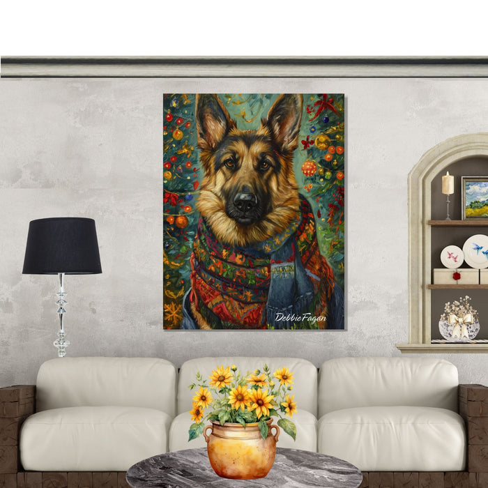 German Shepherd Dog in Winter Scarf with Christmas Tree Art Print on 1.5" Thick Canvas Wrap, Floating Framed Canvas, Flat Rolled Canvas