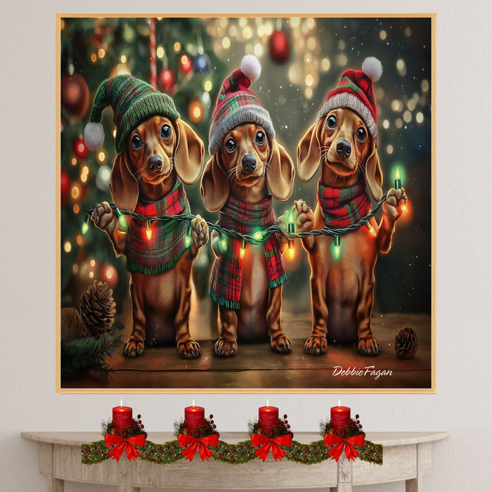 Christmas Canvas - "Holiday Cheer" - Adorable Doxie in Festive Winter Attire Holding Christmas String Lights on Ready to Hang 1.5" Thick Canvas Wrap, Floating Framed Canvas, Flat Rolled Canvas