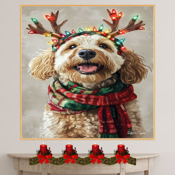 Rustic Joy' - Bernedoodle Dog with Lighted Antlers & Cozy Scarf on Rustic Canvas, Ready to Hang 1.5" Thick Canvas Wrap, Floating Framed Canvas, Flat Rolled Canvas