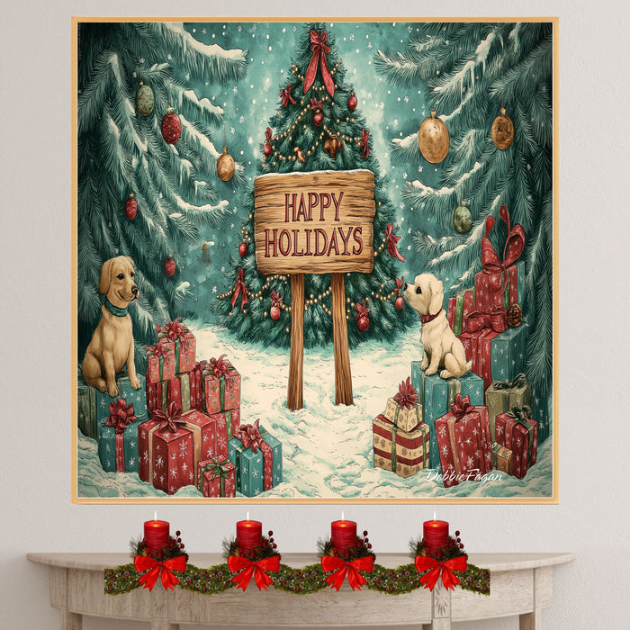 Christmas Canvas - "Winter Wonderland" - Adorable Puppies Playing in a Snowy Forest with Christmas Tree and Gifts on Ready to Hang 1.5" Thick Canvas Wrap, Floating Framed Canvas, Flat Rolled Canvas